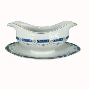 Johnson Bros England Gravy Boat Attached Underplate Gold Trim Floral Pattern